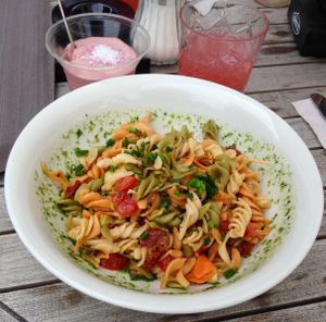 Meal of the day “Pasta salad” and a berry-coconut desert  at Rosmarie in Aalen