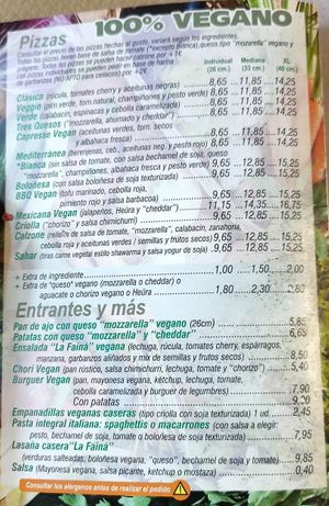 Vegan menu as of February 2026 at Pizzeria La Faina in Malaga