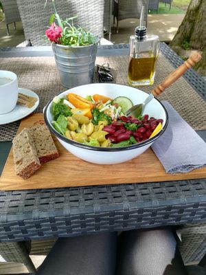 They offer vegetarian/vegan lunch bowls as well. Coffee and super food drinks with plant based milks. Desserts are vegetarian/vegan and sometimes gluten free. Such a unique and lovely place with secret place in attic where you can quietly enyoj your meal. at Cafe 7 Bar in Cesis