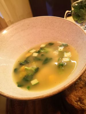 Soup with quinoa at Chia Vegan Restaurant in Cusco