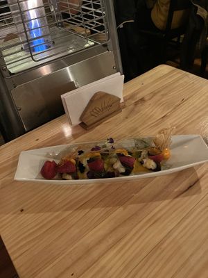 Mango ravioli dessert  at Chia Vegan Restaurant in Cusco