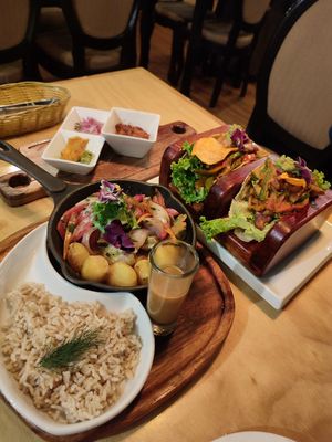 Saltado and Mix of Tacos at Chia Vegan Restaurant in Cusco