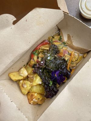 Seitan with potatoes and rice  at Chia Vegan Restaurant in Cusco