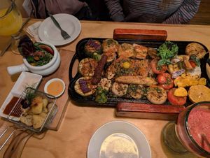 Vegan grill including side salad and potatoes. Very tasty and lots of different veg/proteins! at Chia Vegan Restaurant in Cusco