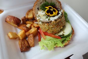 Veggie burger at Chia Vegan Restaurant in Cusco