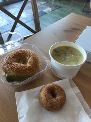 bagel sandwich, dill pickle soup with cornbread savoury donut  at Frickin' Delights Donuts in Devon