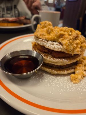 Vegan American stack - pancakes, tofu, rosti, burger, maple syrup at The Koffee Pot in Manchester