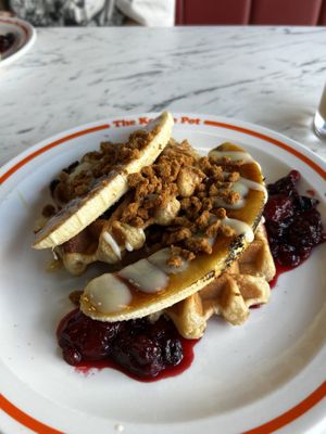 Caramelised banana waffles with Biscoff crumble and fruit  at The Koffee Pot in Manchester