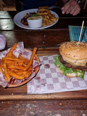 Wild Side Burger with sweet potato fries. at Something Good Roadhouse in Summerstrand