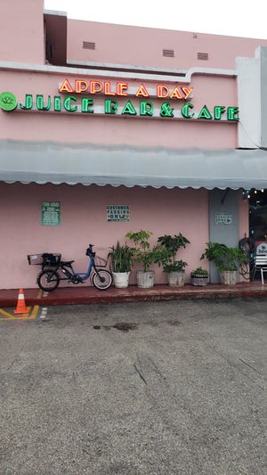 On the corner of 15 Terrace at Apple a Day Store & Cafe in Miami Beach