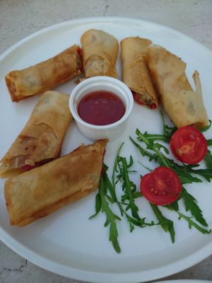 Veggie rolls with sweet chili sauce at Culture Club Strudla in Podgorica