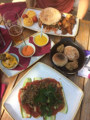 vegan burger and falafel with 3 hummuses at Culture Club Strudla in Podgorica