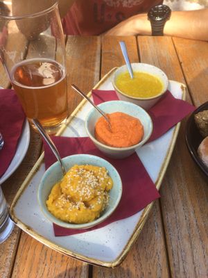 3 hummuses that come with a falafel at Culture Club Strudla in Podgorica