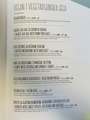 Vegan & veggie section of menu at Culture Club Strudla in Podgorica