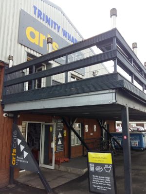 Entrance, showing the seating platform that overlooks the Thames at Greenwich Pantry @ Arts Cafe in South East London