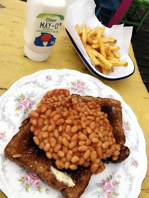 Beans on toast, skin on fries, vegan mayo at Greenwich Pantry @ Arts Cafe in South East London