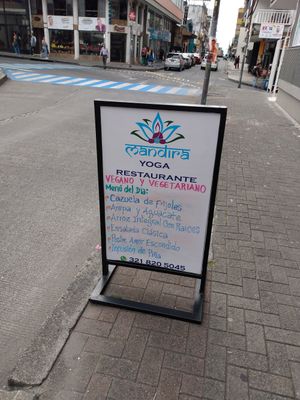Outside menu board with meal of the day at Mandira in Pereira