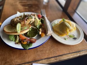 Bagel with cashew cream cheese, pesto, avo and tomato at Portershed in Christchurch