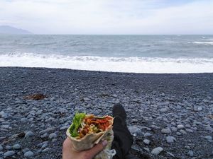 Satay chickpea burrito (on Kaikoura beach) at Portershed in Christchurch