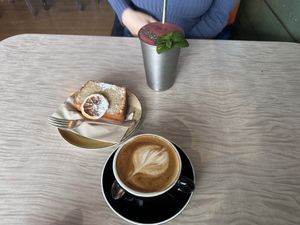 Lemon loaf, flat white and berry smoothie   at Portershed in Christchurch