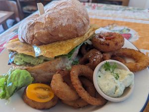 Burger with onion rings at Portershed in Christchurch
