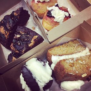 Peanut butter choc brownie, jam and cream donuts, chocolate orange muffin and carrot cake!  at Portershed in Christchurch