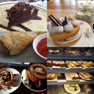 Peanut butter brownie, oreo doughnut, sausage roll, cabinet, berry tart, coconut mocha with marshmallows, and the cabinet. at Portershed in Christchurch