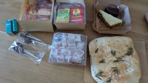 Lip balm, two snack bags, citrus slice & Bounty Bar, focaccia bread, Turkish Delight, chocolate lollies. at Portershed in Christchurch