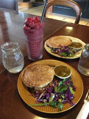 Pies with salad and chutney. Oh, and a smoothie! at Portershed in Christchurch