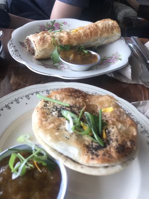 Sausage roll and mushroom leek pie with chutney  at Portershed in Christchurch
