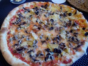 Vegan pizza with mushrooms and artichokes.  at Pizzerie La Strada 1 in Zlin