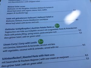 Vegan main courses - pasta and curry at Landtmann's Jausen Station in Vienna