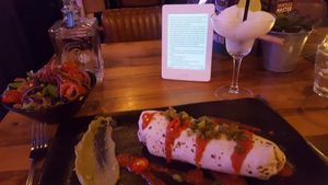 Vegan burrito with salad and frozen margarita at Mammacita in St Andrews