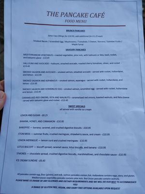 Menu at The Pancake Cafe in Durham