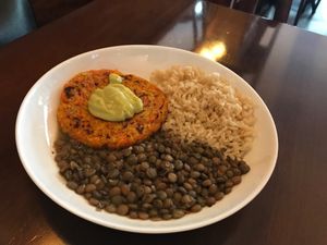 Carrot burger, lentils and rice. at Barao Natural - B5 in Sao Paulo