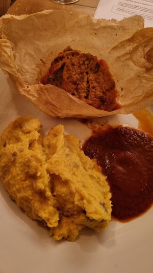 Main dish baked soy medaillons with porcini mushrooms, polenta with chestnuts at Blume Wollbach in Kandern