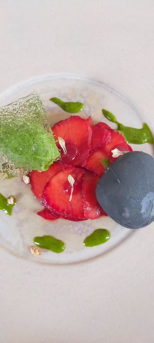 Dessert gallet yaourt vegan - carpaccio de fraises - sorbet de roquette at Humus x Hortense in Brussels