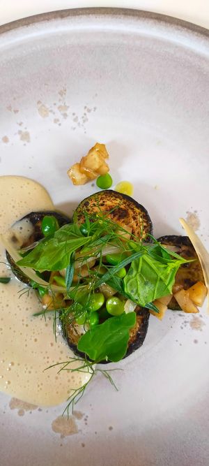 Courgettes grillées/fumées et crème d'amande at Humus x Hortense in Brussels