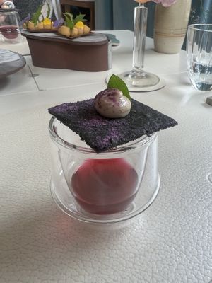 Red cabbage shot + black sesame cracker   at Humus x Hortense in Brussels