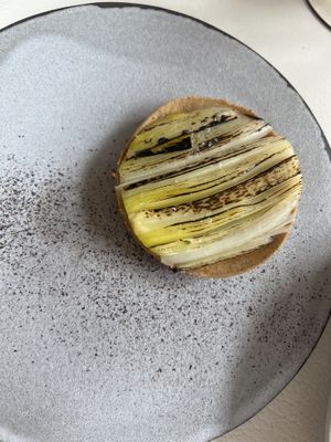 Leek and black garlic pie  at Humus x Hortense in Brussels