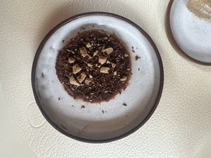 Shiitake nut chocolate custard  at Humus x Hortense in Brussels