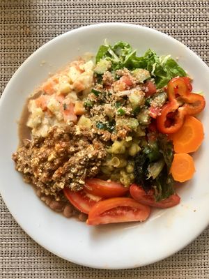 Vegan lasanha, Russian salad, Indian lentil stew, tomato, carrots, tabule salad & other varied greens  at Vita Natural in Sao Paulo