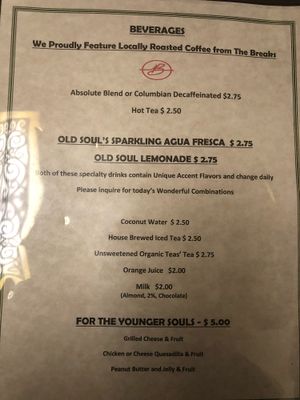 Menu  at Old Soul in Sioux Falls
