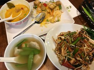 Curry, wonton soup, side of veggies $33 euro.  at FRA - Coa - T1 in Frankfurt