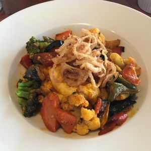 coconut curried vegetable entree over polenta at Newagen Seaside Inn in Southport
