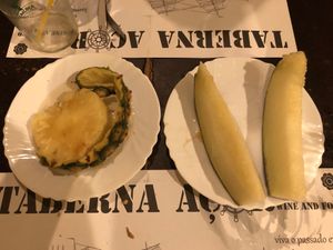 Pineapple flambé and melon fruit dessert   at Taberna Acor in Sao Miguel