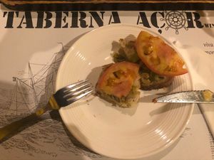 Tapas Vegetariana. Bruschetta with olives and tomato. Remember to ask for no mayo if vegan   at Taberna Acor in Sao Miguel
