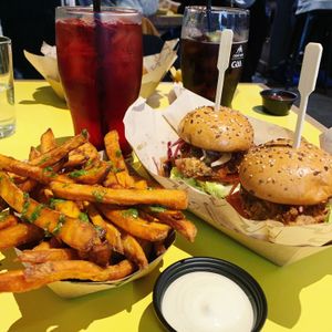 Vegan chick sliders, sweet potato fries and vegan garlic aioli  at Token in Dublin