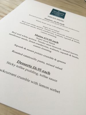 The vegan menu in June 2018 at The Lifeboat Inn in Hunstanton