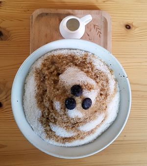 Vegan Bingsu (빙수): coffee flavor - with coffee sauce poured over at Maju Story 마주이야기 in Seoul